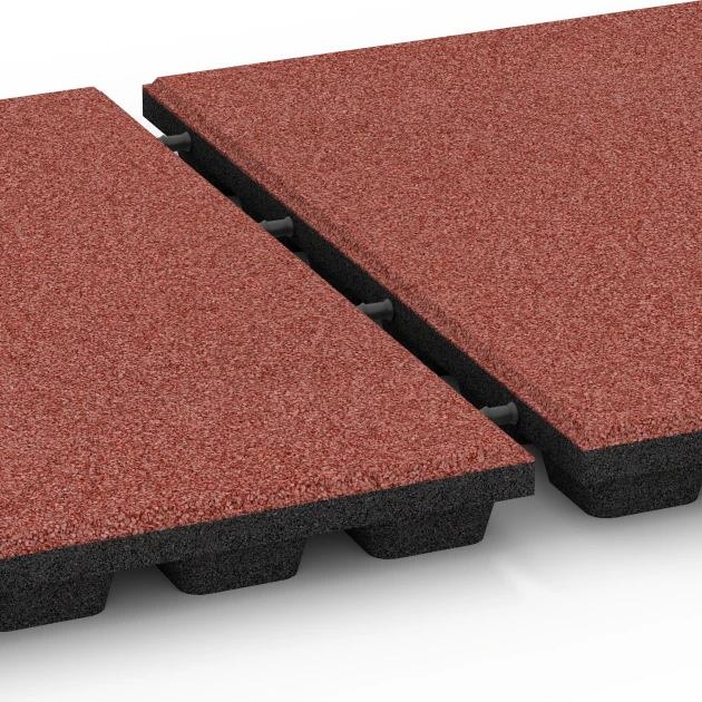 Großaufnahme vom Verbindungssystem von WARCO-Boden 6136 - Rubberen speelplaatstegel – 170 cm im Farbdesign Tomatenrood. Abmessungen 50 x 50 x 4,8 cm.