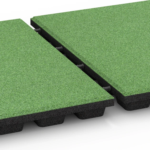 Großaufnahme vom Verbindungssystem von WARCO-Boden 6137 - Rubberen speelplaatstegel – 170 cm im Farbdesign Lindegroen. Abmessungen 50 x 50 x 4,8 cm.