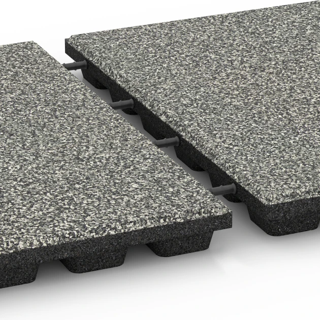 Großaufnahme vom Verbindungssystem von WARCO-Boden 6432 - Rubberen speelplaatstegel – 160 cm im Farbdesign Grijs graniet. Abmessungen 50 x 50 x 4,8 cm.