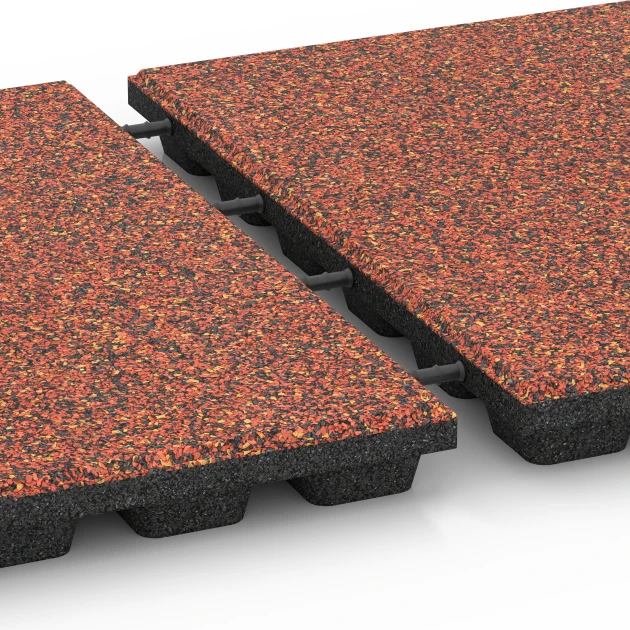 Großaufnahme vom Verbindungssystem von WARCO-Boden 6435 - Rubberen speelplaatstegel – 160 cm im Farbdesign Etna. Abmessungen 50 x 50 x 4,8 cm.
