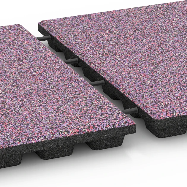 Großaufnahme vom Verbindungssystem von WARCO-Boden 6436 - Rubberen speelplaatstegel – 160 cm im Farbdesign Lavendel. Abmessungen 50 x 50 x 4,8 cm.