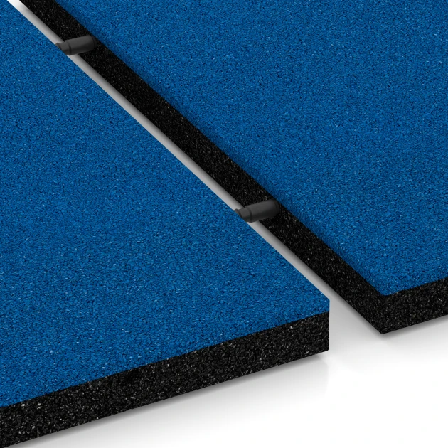 Großaufnahme vom Verbindungssystem von WARCO-Boden 6220 - Rubberen speelplaatstegels im Farbdesign Hemelsblauw. Abmessungen 50 x 50 x 4 cm.