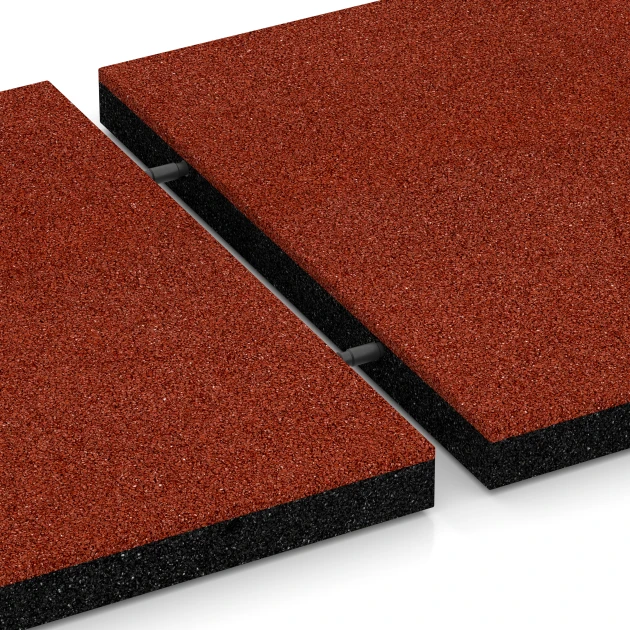 Großaufnahme vom Verbindungssystem von WARCO-Boden 6260 - Rubberen speelplaatstegel – 150 cm im Farbdesign Baksteenrood. Abmessungen 50 x 50 x 4,5 cm.