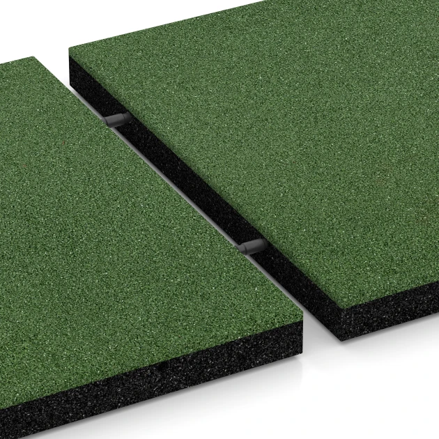 Großaufnahme vom Verbindungssystem von WARCO-Boden 6261 - Rubberen speelplaatstegel – 150 cm im Farbdesign Grasgroen. Abmessungen 50 x 50 x 4,5 cm.
