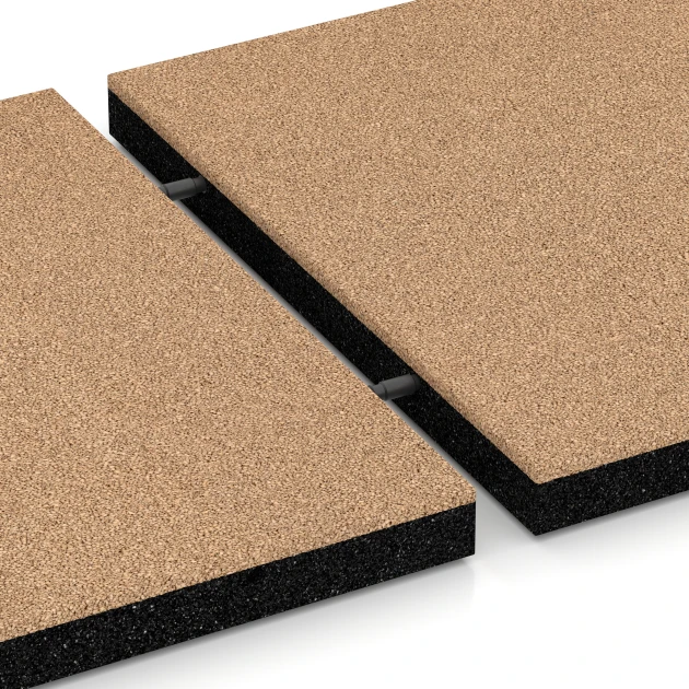 Großaufnahme vom Verbindungssystem von WARCO-Boden 6264 - Rubberen speelplaatstegel – 150 cm im Farbdesign Zandbeige. Abmessungen 50 x 50 x 4,5 cm.