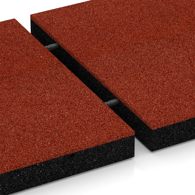 Großaufnahme vom Verbindungssystem von WARCO-Boden 6201 - Rubberen speelplaatstegels im Farbdesign Baksteenrood. Abmessungen 50 x 50 x 6 cm.