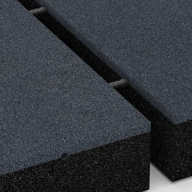 Großaufnahme vom Verbindungssystem von WARCO-Boden 6281 - Rubberen speelplaatstegel – 300 cm im Farbdesign Leisteengrijs. Abmessungen 50 x 50 x 11 cm.