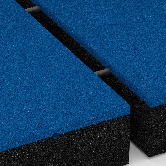 Großaufnahme vom Verbindungssystem von WARCO-Boden 6280 - Rubberen speelplaatstegel – 300 cm im Farbdesign Hemelsblauw. Abmessungen 50 x 50 x 11 cm.