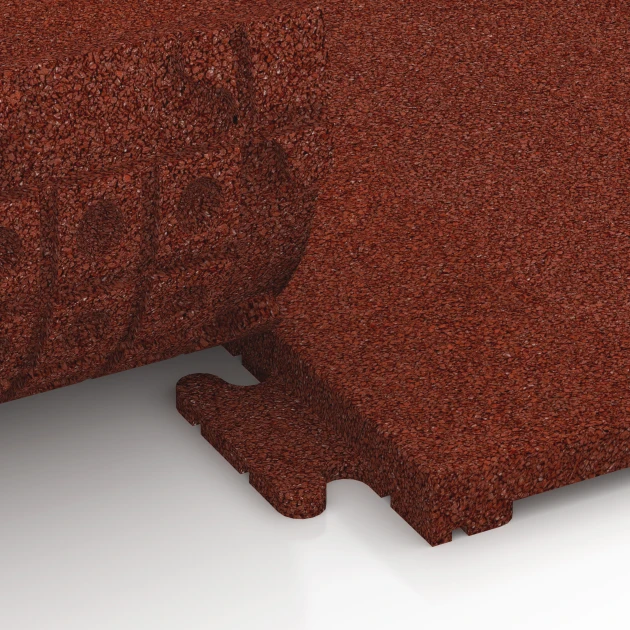 Großaufnahme vom Verbindungssystem von WARCO-Boden 7053 - Rubber terrastegel Linea im Farbdesign Baksteenrood. Abmessungen 50 x 50 x 3 cm | 0,25 m².