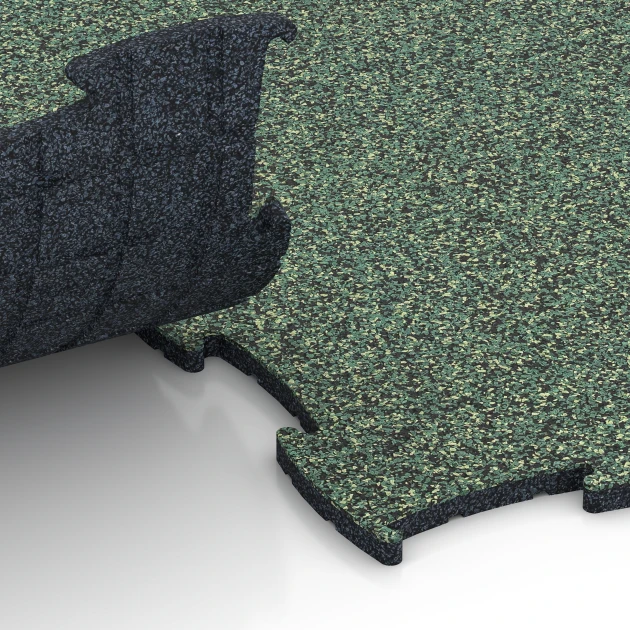 Großaufnahme vom Verbindungssystem von WARCO-Boden 6807 - Agility vloer hondensport im Farbdesign Engels gazon. Abmessungen 97,1 x 97,1 × 1,8 cm.