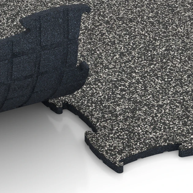 Großaufnahme vom Verbindungssystem von WARCO-Boden 6868 - Fitness Max vloersysteem im Farbdesign Donkergrijs graniet. Abmessungen 97,1 x 97,1 × 1,8 cm.
