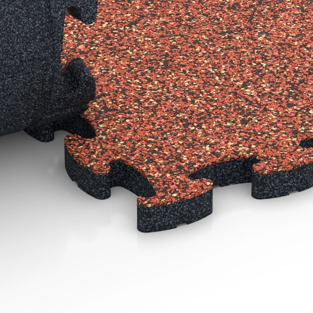 Großaufnahme vom Verbindungssystem von WARCO-Boden 6935 - Valdempende puzzeltegel im Farbdesign Etna. Abmessungen 44,6 x 44,6 × 2,8 cm.