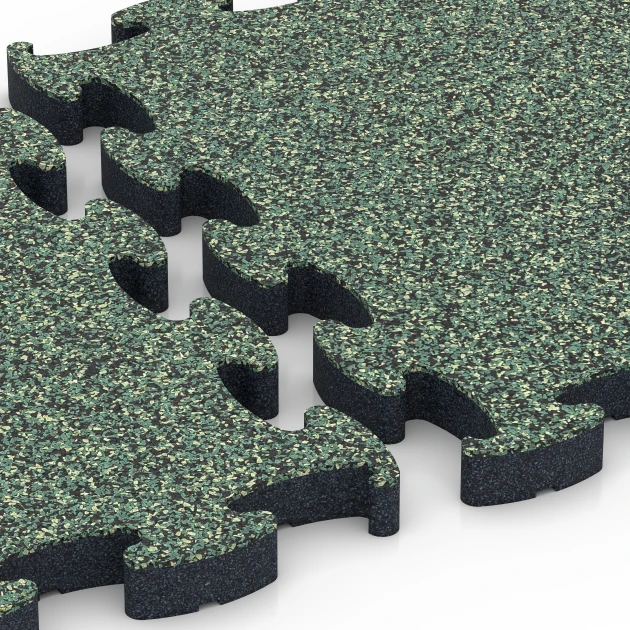 Großaufnahme vom Verbindungssystem von WARCO-Boden 6879 - Fitness Max vloersysteem im Farbdesign Engels gazon. Abmessungen 44,6 x 44,6 × 2,8 cm.