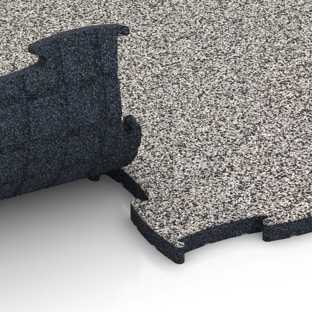 Großaufnahme vom Verbindungssystem von WARCO-Boden 6851 - Fitness Active vloertegel im Farbdesign Grijs graniet. Abmessungen 97,1 x 97,1 x 2,8 cm.
