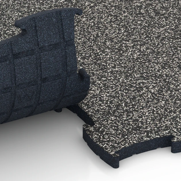 Großaufnahme vom Verbindungssystem von WARCO-Boden 6886 - Fitness Max vloersysteem im Farbdesign Donkergrijs graniet. Abmessungen 97,1 x 97,1 x 2,8 cm.