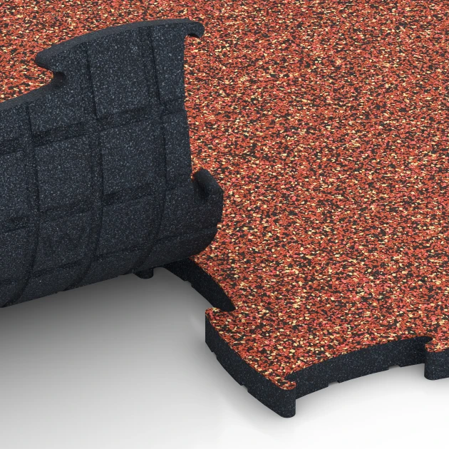 Großaufnahme vom Verbindungssystem von WARCO-Boden 6890 - Fitness Max vloersysteem im Farbdesign Etna. Abmessungen 97,1 x 97,1 x 2,8 cm.