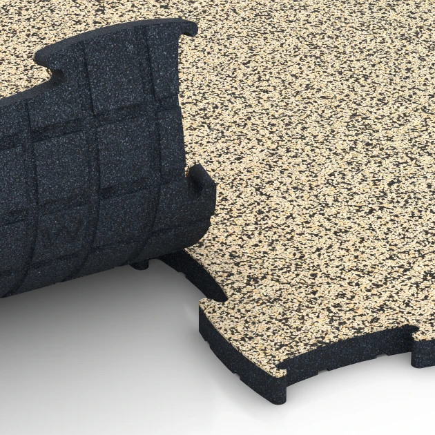 Großaufnahme vom Verbindungssystem von WARCO-Boden 6892 - Fitness Max vloersysteem im Farbdesign Travertin. Abmessungen 97,1 x 97,1 x 2,8 cm.