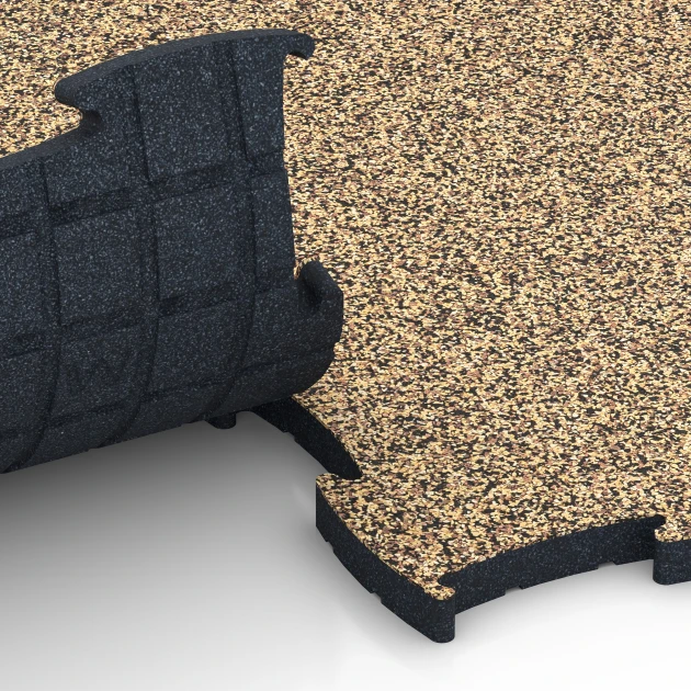 Großaufnahme vom Verbindungssystem von WARCO-Boden 6894 - Fitness Max vloersysteem im Farbdesign Rattan. Abmessungen 97,1 x 97,1 x 2,8 cm.