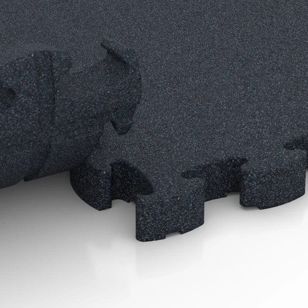 Großaufnahme vom Verbindungssystem von WARCO-Boden 6965 - Fitness Premium studiovloer im Farbdesign Antraciet. Abmessungen 28,9 x 28,9 x 2,8 cm.