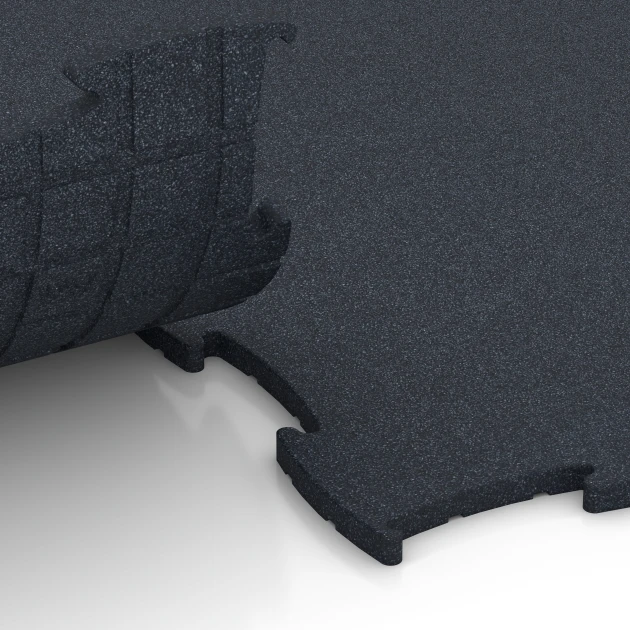 Großaufnahme vom Verbindungssystem von WARCO-Boden 6968 - Fitness Premium studiovloer im Farbdesign Antraciet. Abmessungen 99 x 99 x 1,8 cm.