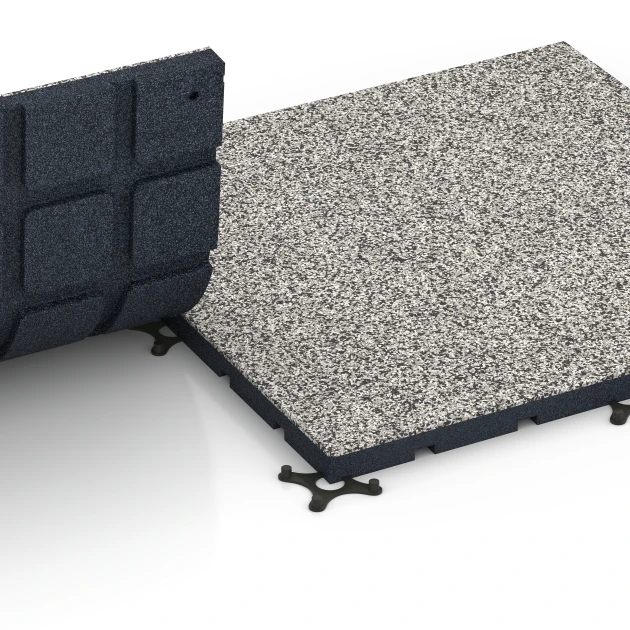 Großaufnahme vom Verbindungssystem von WARCO-Boden 7133 - Fitnessvloer voor buiten im Farbdesign Grijs graniet. Abmessungen 60 x 60 x 3 cm | 0,36 m².