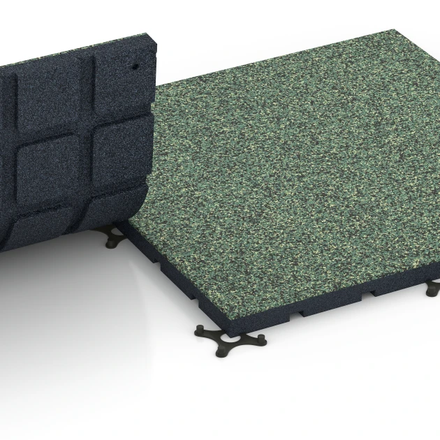 Großaufnahme vom Verbindungssystem von WARCO-Boden 7134 - Fitnessvloer voor buiten im Farbdesign Engels gazon. Abmessungen 60 x 60 x 3 cm | 0,36 m².