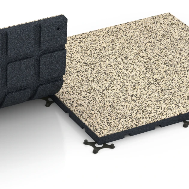 Großaufnahme vom Verbindungssystem von WARCO-Boden 7138 - Fitnessvloer voor buiten im Farbdesign Travertijn. Abmessungen 60 x 60 x 3 cm | 0,36 m².