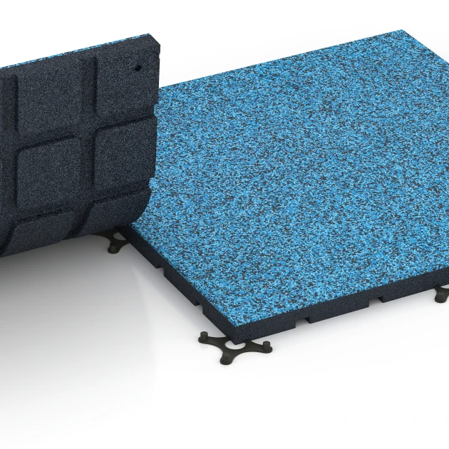 Großaufnahme vom Verbindungssystem von WARCO-Boden 7139 - Fitnessvloer voor buiten im Farbdesign Atlantische Oceaan. Abmessungen 60 x 60 x 3 cm | 0,36 m².
