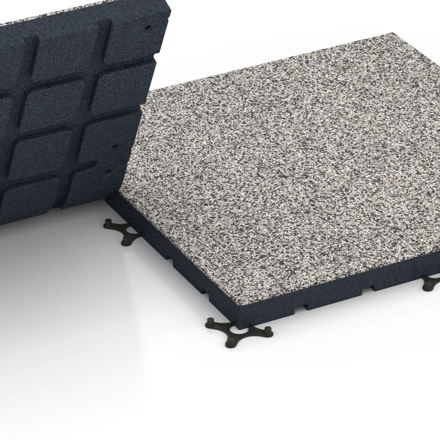 Großaufnahme vom Verbindungssystem von WARCO-Boden 7142 - Fitnessvloer voor buiten im Farbdesign Grijs graniet. Abmessungen 60 x 60 x 4 cm | 0,36 m².