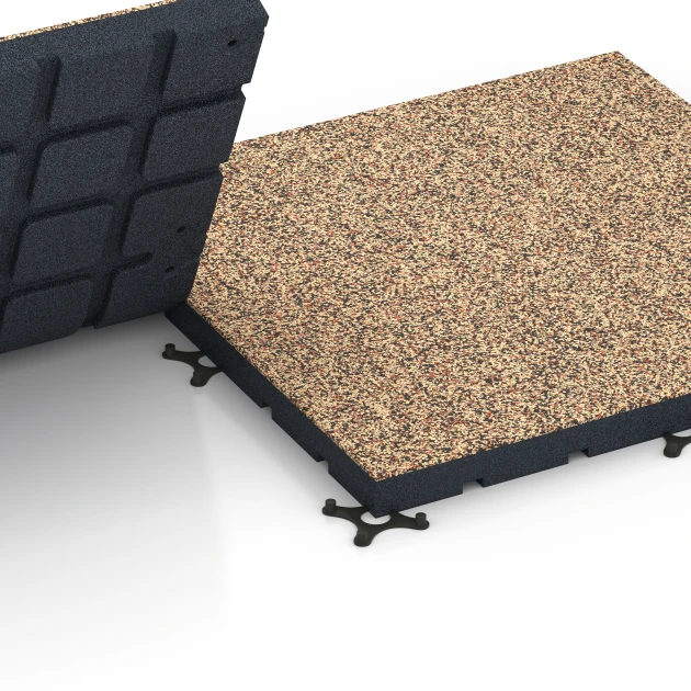 Großaufnahme vom Verbindungssystem von WARCO-Boden 7144 - Fitnessvloer voor buiten im Farbdesign Terracotta. Abmessungen 60 x 60 x 4 cm | 0,36 m².