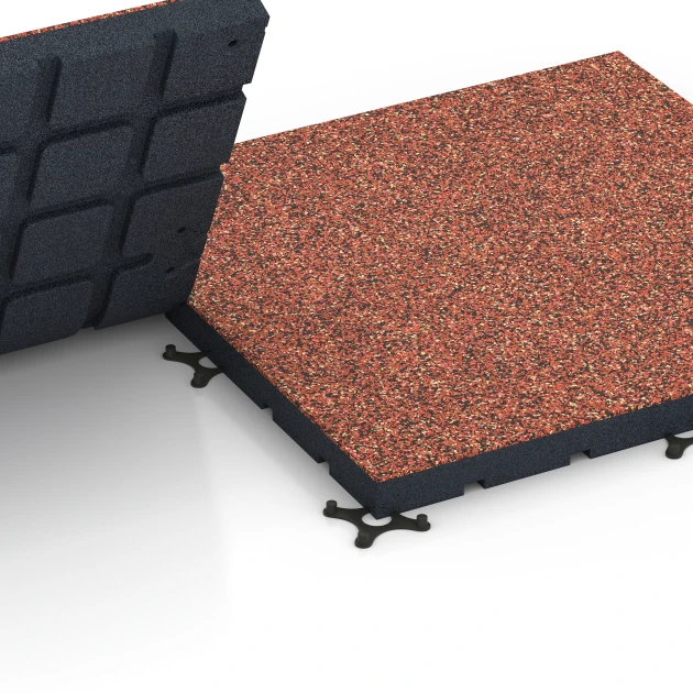 Großaufnahme vom Verbindungssystem von WARCO-Boden 7145 - Fitnessvloer voor buiten im Farbdesign Etna. Abmessungen 60 x 60 x 4 cm | 0,36 m².