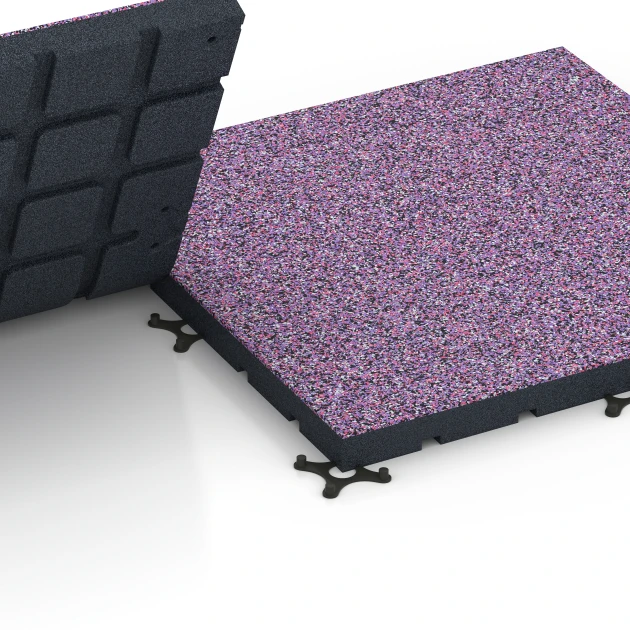 Großaufnahme vom Verbindungssystem von WARCO-Boden 7146 - Fitnessvloer voor buiten im Farbdesign Lavendel. Abmessungen 60 x 60 x 4 cm | 0,36 m².