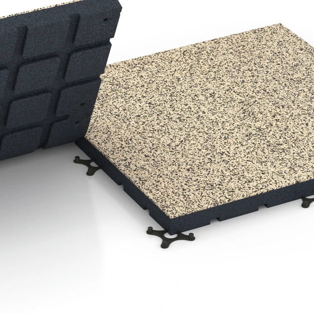Großaufnahme vom Verbindungssystem von WARCO-Boden 7147 - Fitnessvloer voor buiten im Farbdesign Travertijn. Abmessungen 60 x 60 x 4 cm | 0,36 m².