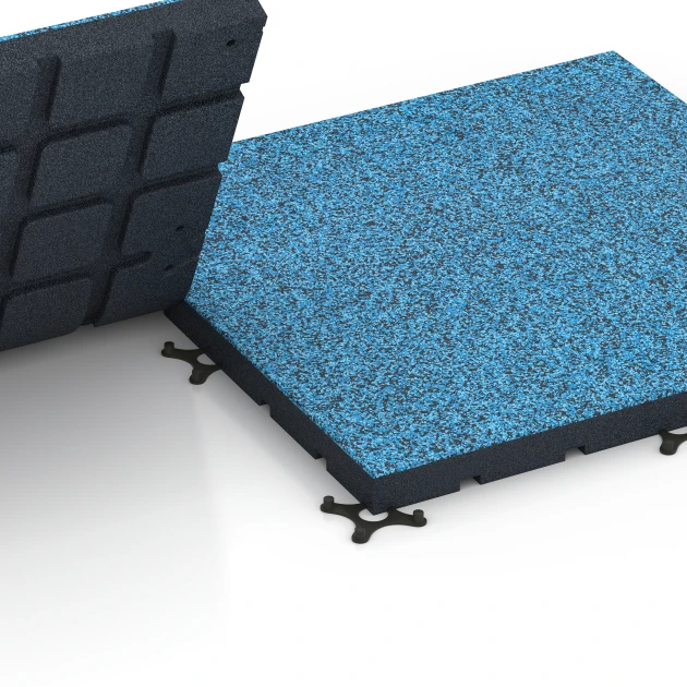 Großaufnahme vom Verbindungssystem von WARCO-Boden 7148 - Fitnessvloer voor buiten im Farbdesign Atlantische Oceaan. Abmessungen 60 x 60 x 4 cm | 0,36 m².