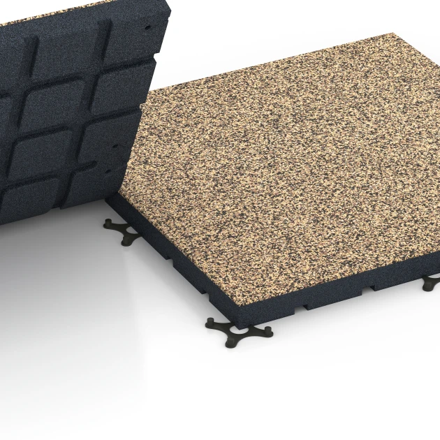 Großaufnahme vom Verbindungssystem von WARCO-Boden 7149 - Fitnessvloer voor buiten im Farbdesign Rattan. Abmessungen 60 x 60 x 4 cm | 0,36 m².