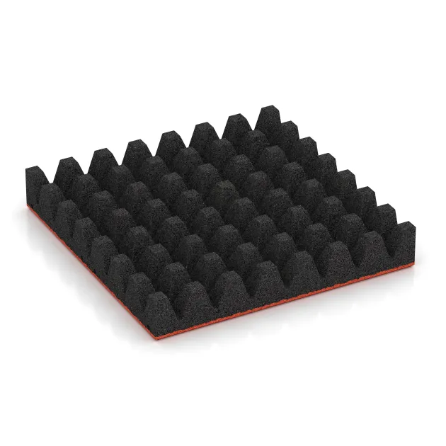 Aufsicht auf die Unterseite, also die Bodenseite von WARCO-Formteil 5608 - Rubber speelplaatstegel 8 cm - EN 1177 ≤ 215 cm im Format 500 x 500 x 80 mm.