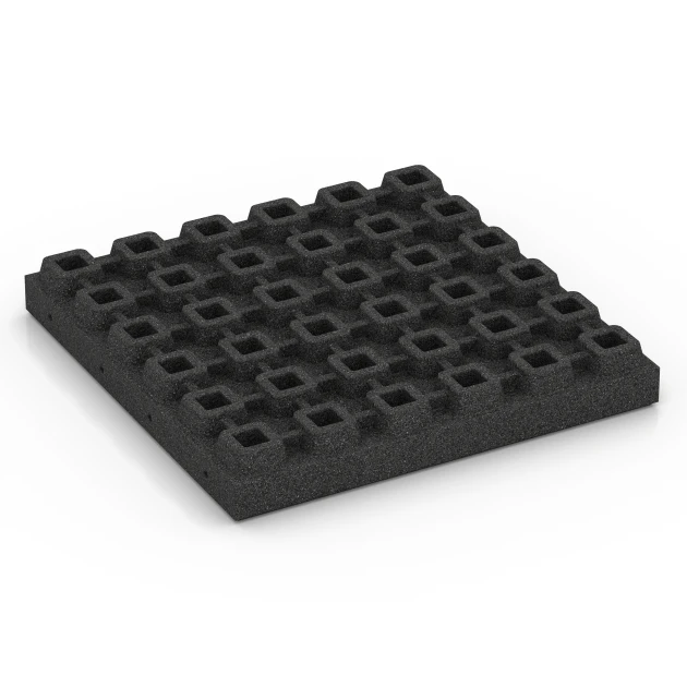 Aufsicht auf die Unterseite, also die Bodenseite von WARCO-Formteil 6295 - Rubberen speelplaatstegels im Format 50 x 50 x 7 cm.