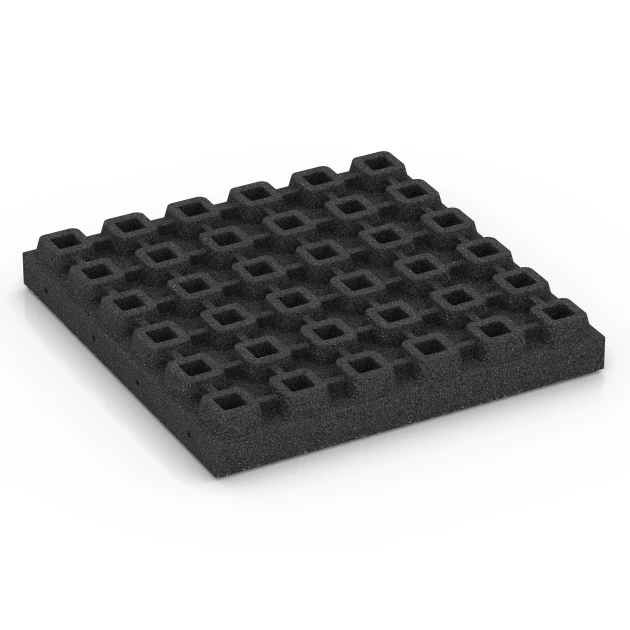 Aufsicht auf die Unterseite, also die Bodenseite von WARCO-Formteil 6440 - Rubberen speelplaatstegel – 210 cm im Format 50 x 50 x 7 cm.