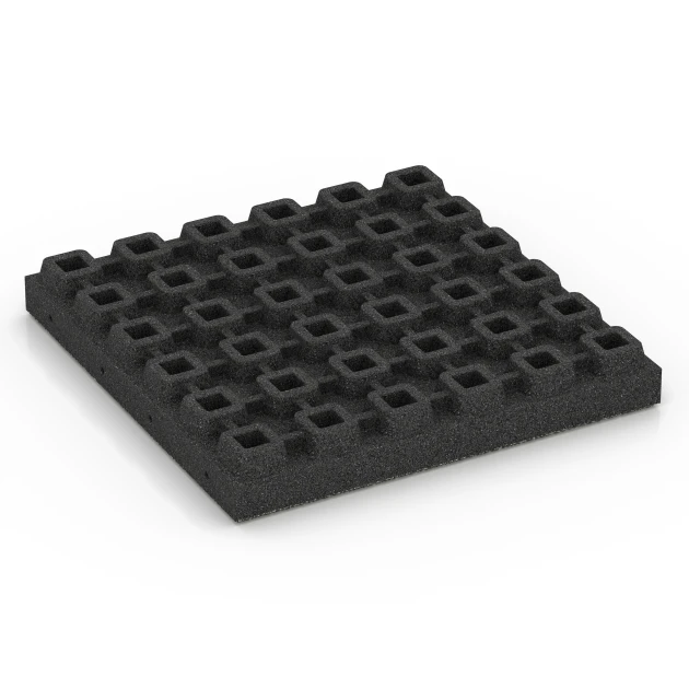 Aufsicht auf die Unterseite, also die Bodenseite von WARCO-Formteil 6441 - Rubberen speelplaatstegel – 210 cm im Format 50 x 50 x 7 cm.