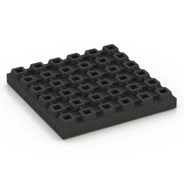 Aufsicht auf die Unterseite, also die Bodenseite von WARCO-Formteil 6443 - Rubberen speelplaatstegel – 210 cm im Format 50 x 50 x 7 cm.