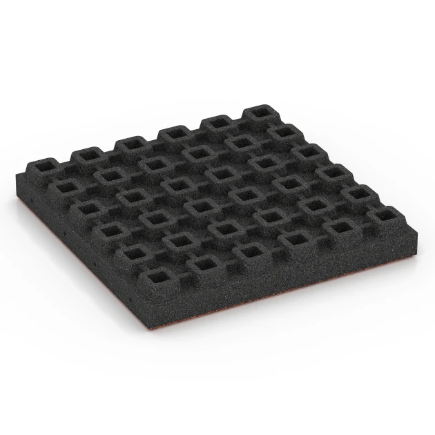 Aufsicht auf die Unterseite, also die Bodenseite von WARCO-Formteil 6444 - Rubberen speelplaatstegel – 210 cm im Format 50 x 50 x 7 cm.