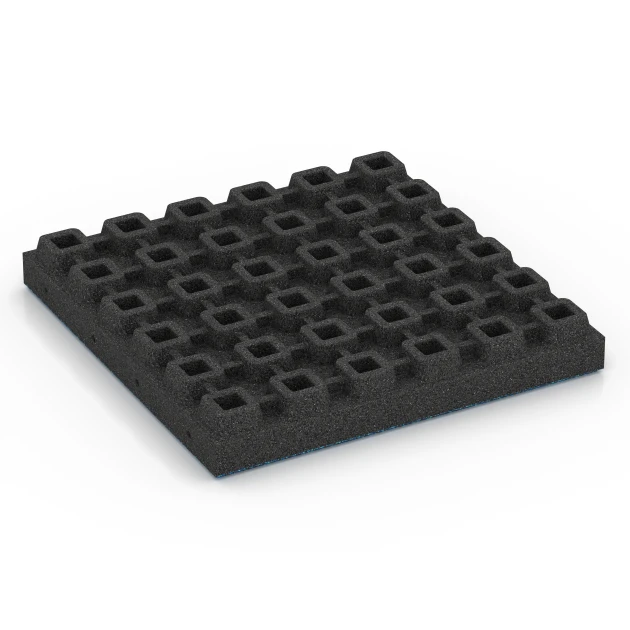 Aufsicht auf die Unterseite, also die Bodenseite von WARCO-Formteil 6447 - Rubberen speelplaatstegel – 210 cm im Format 50 x 50 x 7 cm.