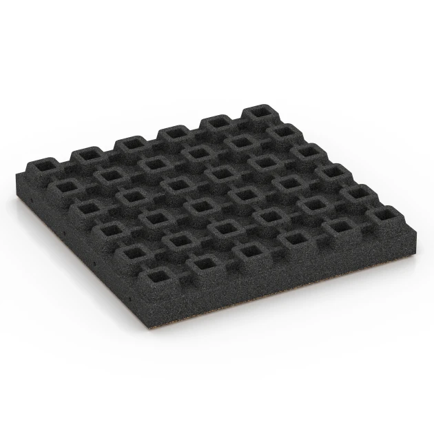 Aufsicht auf die Unterseite, also die Bodenseite von WARCO-Formteil 6448 - Rubberen speelplaatstegel – 210 cm im Format 50 x 50 x 7 cm.