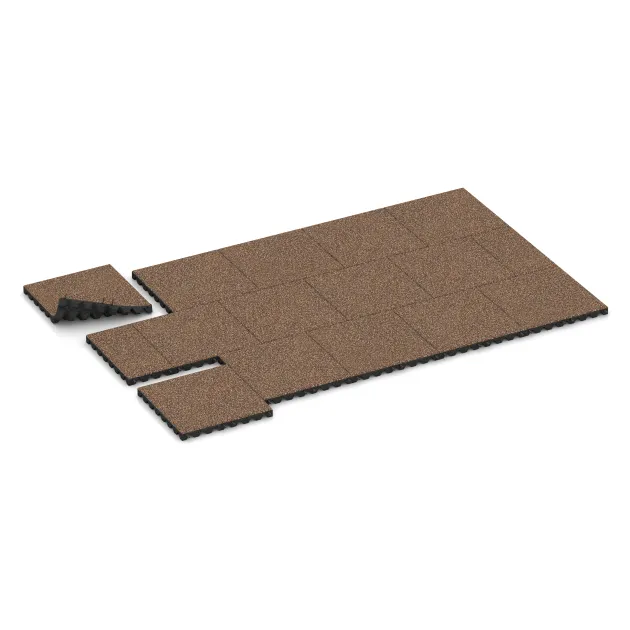Typische Verlegung oder Einbausituation für den Artikel 5547 von WARCO - Rubber speelplaatstegel 4,5 cm - EN 1177 ≤ 135 cm, Farbton Schors & Bast in der Abmessung 500 x 500 x 45 mm.