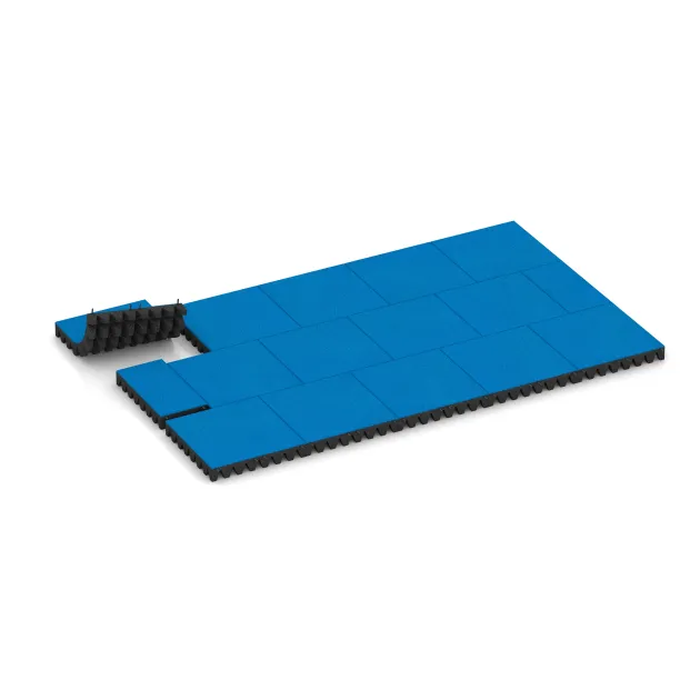 Typische Verlegung oder Einbausituation für den Artikel 5601 von WARCO - Rubber speelplaatstegel 8 cm - EN 1177 ≤ 215 cm, Farbton Hemelsblauw in der Abmessung 500 x 500 x 80 mm.