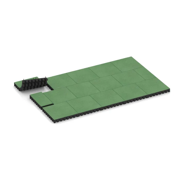 Typische Verlegung oder Einbausituation für den Artikel 5607 von WARCO - Rubber speelplaatstegel 8 cm - EN 1177 ≤ 215 cm, Farbton Bleekgroen in der Abmessung 500 x 500 x 80 mm.