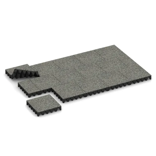 Typische Verlegung oder Einbausituation für den Artikel 5644 von WARCO - Rubber speelplaatstegel 10 cm - EN 1177 ≤ 300 cm, Farbton Grijs Graniet in der Abmessung 500 x 500 x 100 mm.