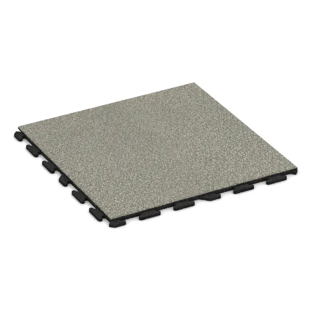 Foto der hinteren Seite vom unsymmetrischen WARCO-Formteil 1600: Fitnessvloer Rubber Tegels Classic, Design Lichtgrijs Graniet, Maße 1000 x 1000 x 30 mm.