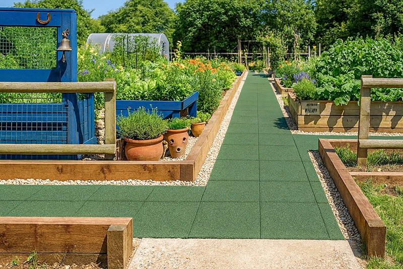 Een recht tuinpad met groene rubbertegels loopt door een moestuin en siertuin met houten bakken. De elastische tegels van rubbergranulaat zorgen voor een antislip, weerbestendig en onderhoudsarm oppervlak. De zijafwerking met grindrand zorgt voor duidelijke grenzen en een verzorgd geheel. Ideaal voor volkstuinen, groentebedden en tuinpaden met veilige tred.