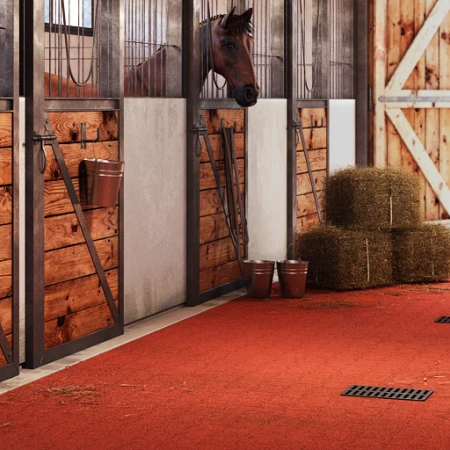 T-stenen of beenderstenen of in elkaar grijpende bestrating van rubbergranulaat hebben de voorkeur als stalvloer in een stalgang in de paardenstal.